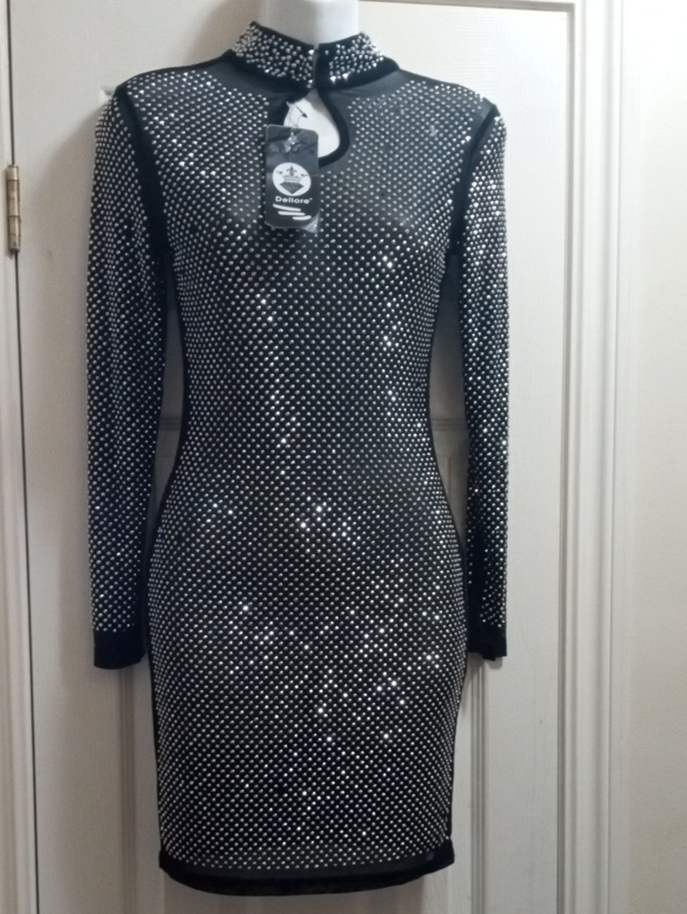 Take A Extra 50% Off▶STUNNING Rhinestone-Embellished Black Long-Sleeve Bodycon